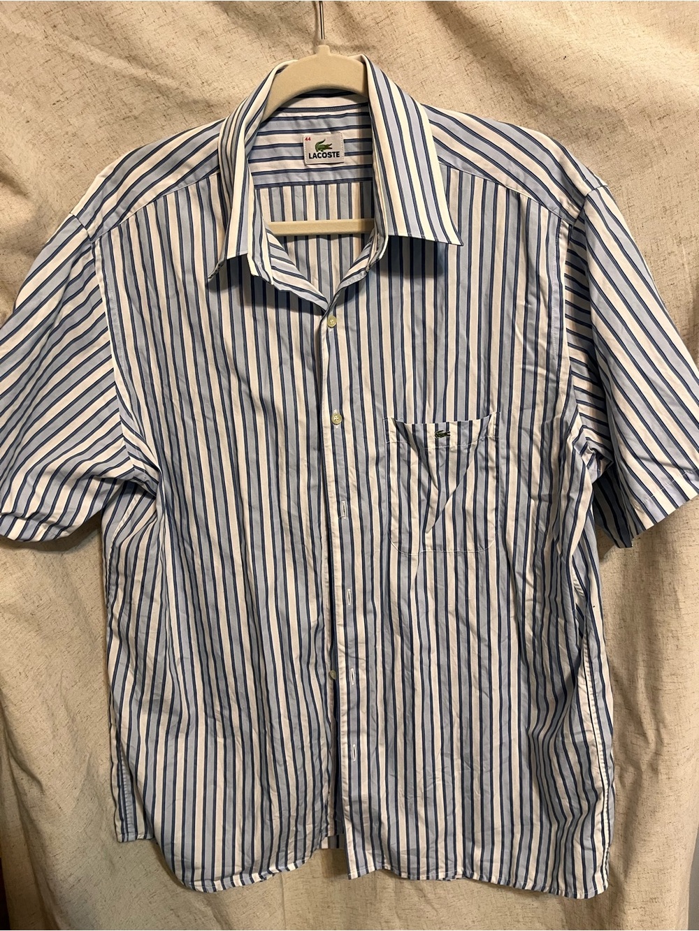 Lacoste Men's Blue and White Vertical-Stripe Short-Sleeve Shirt
